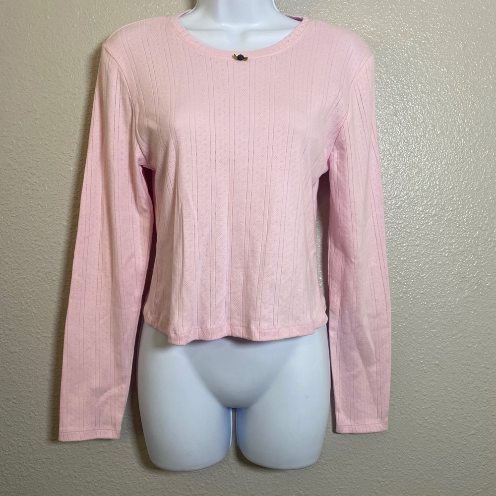 Pink Coquette Long Sleeve Top L 100% Cotton Feminine Dainty Casual Balletcore